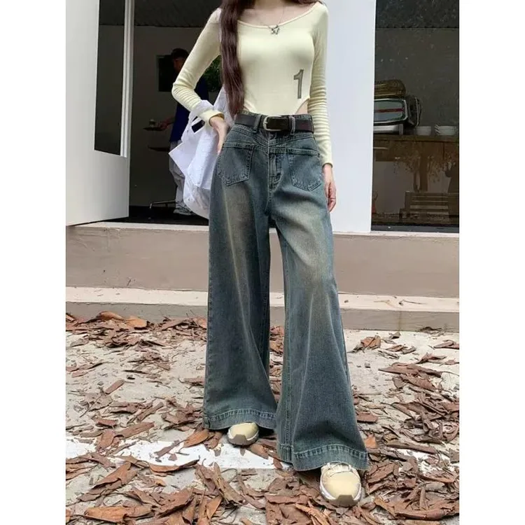 【小王家】胖mm大码加绒款慵懒风牛仔裤时尚水洗复古做旧显瘦阔腿