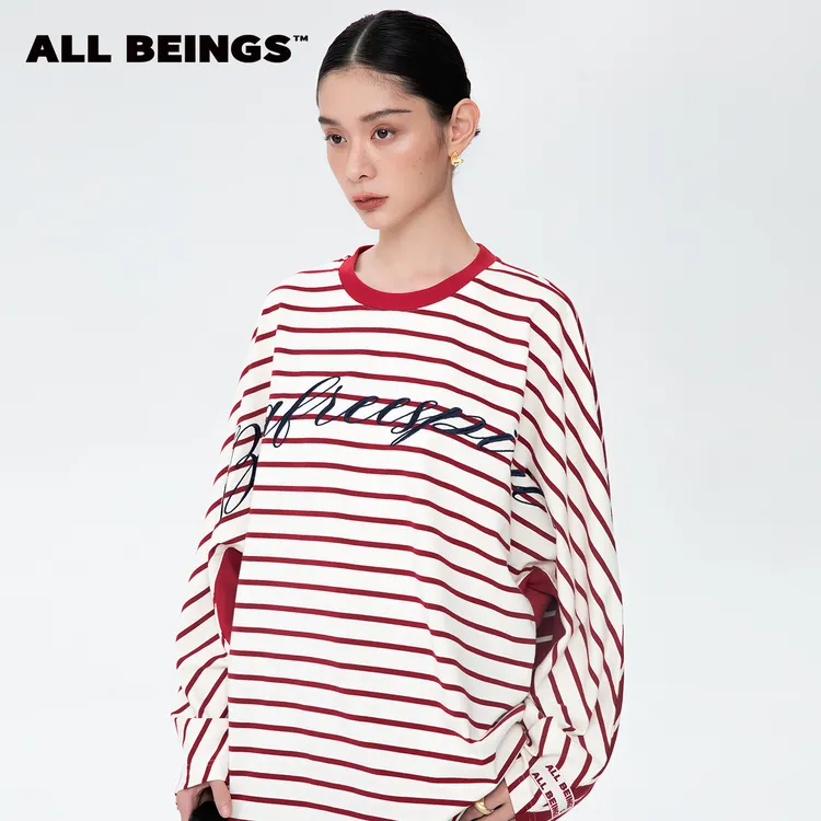 【口口专属】ALL BEINGS25AW设计师新款宽松显瘦 条纹拼色刺绣廓形长袖T恤