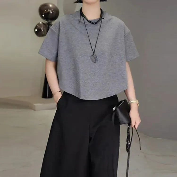 通勤百搭圆领短袖T恤女2025夏季新款宽松显瘦小众简约纯色上衣潮