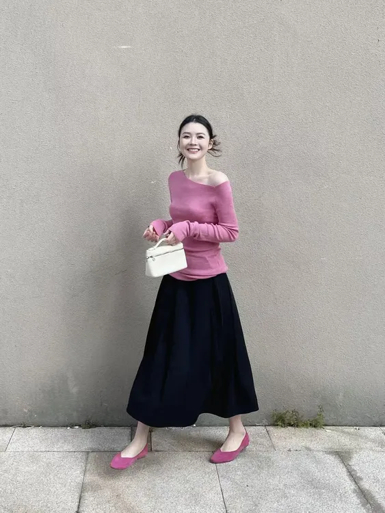 韩系粉色不规则斜肩长袖T恤女2025早秋季新款高腰半身裙两件套装