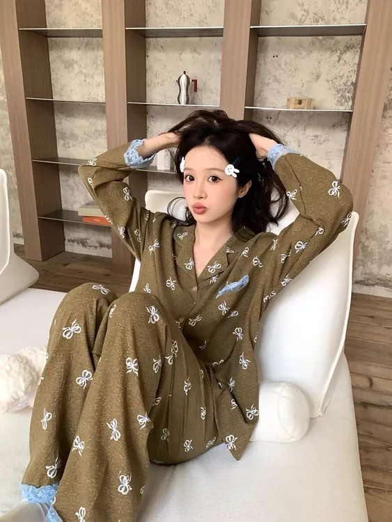 韩系蕾丝蝴蝶结印花睡衣女秋季长袖翻领网红休闲家居服可外穿套装