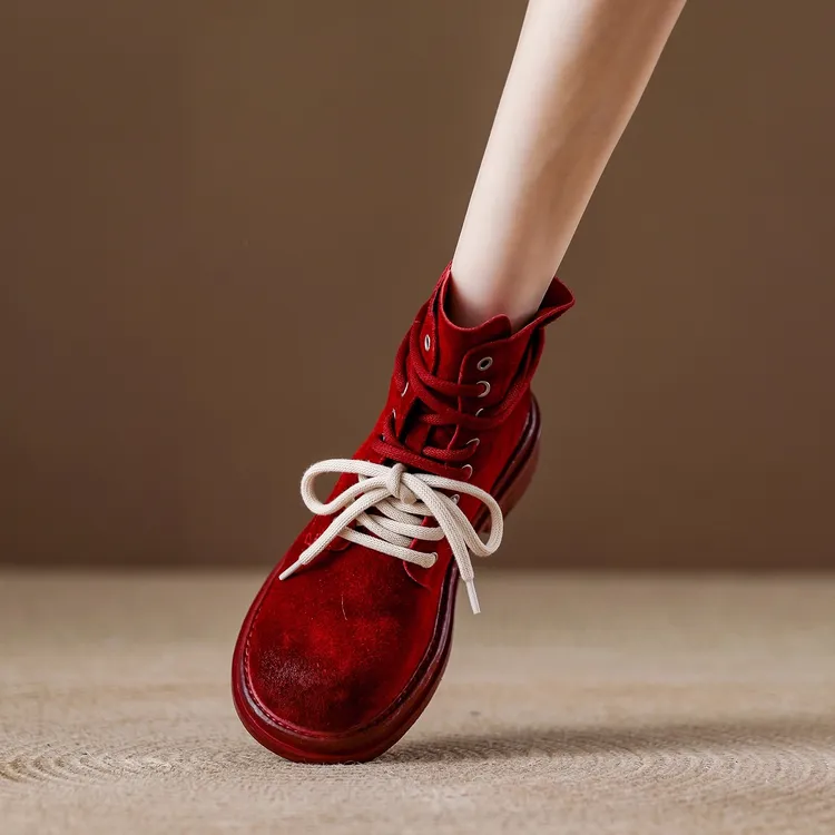 英伦风高帮马丁靴女红色靴子2025新款女鞋系带短靴春秋轻奢单靴女