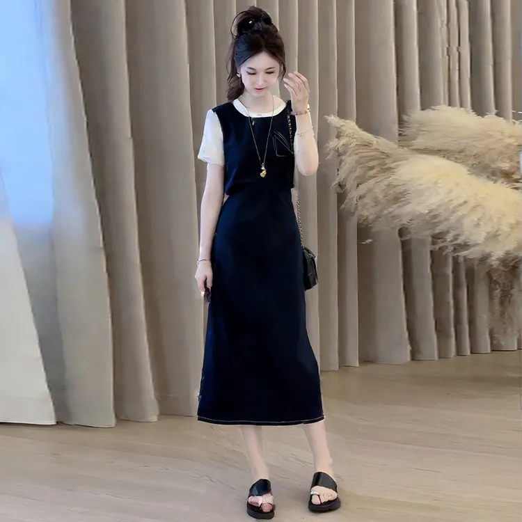 小个子休闲减龄套装女2025年夏季新款法式假两件上衣半身裙两件套