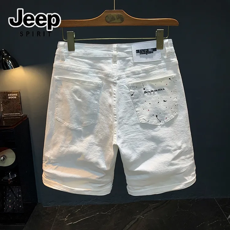 JEEPSPIRIT吉普白色牛仔短裤男夏季新款潮流休闲直筒五分裤子男款