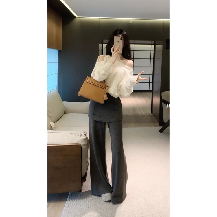 韩系高智感秋冬气质斜肩立体花饰毛衣长袖针织衫休闲直筒阔腿长裤