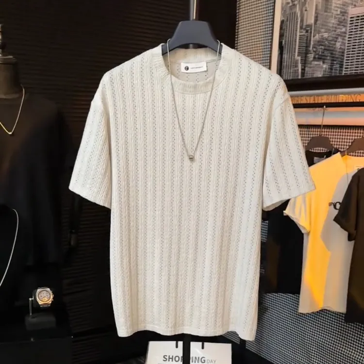 夏季肌理提花镂空透气冰感短袖男士轻奢时尚休闲纯色潮流百搭T恤