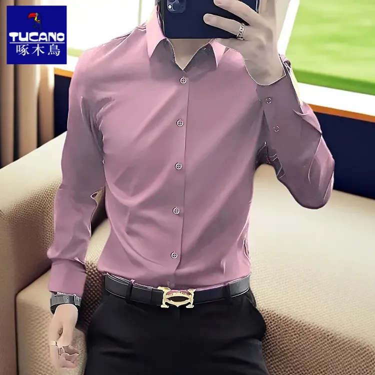 啄木鸟新款衬衫男士长袖修身潮流春秋季商务职业正装休闲西装打底