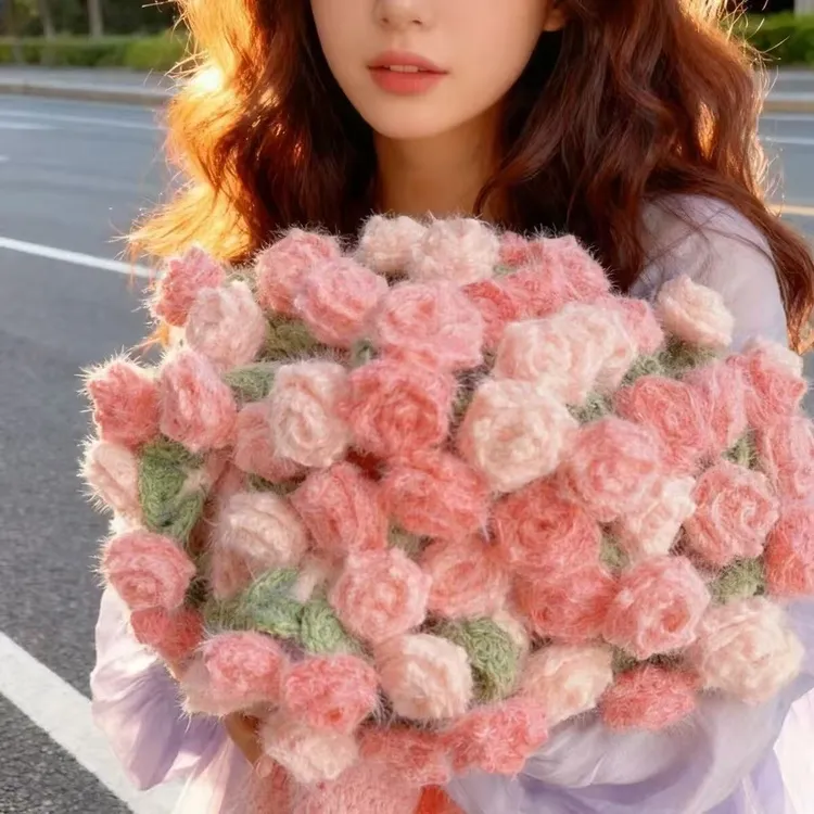 玫瑰花束毯子丁达尔雪球含羊毛diy手工编织单色渐变线长绒材料包