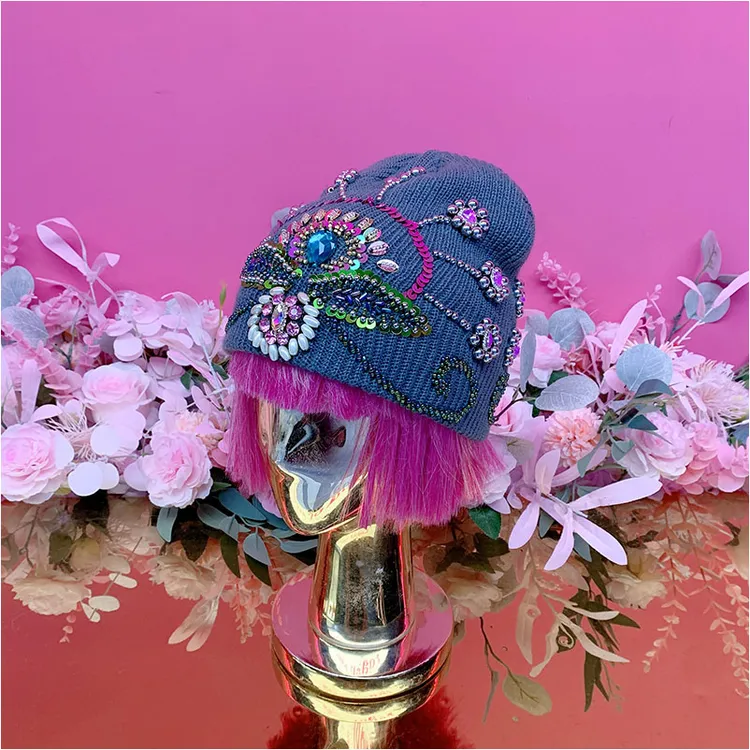 X22879欧美设计师2025冬季新款重工钉钻刺绣亮片时尚针织帽子女