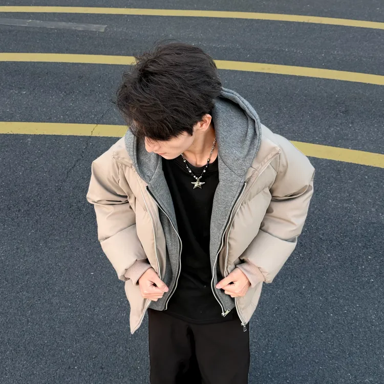 美拉德咖灰色假两件连帽棉服男秋冬加厚保暖短款立领棉衣夹克外套