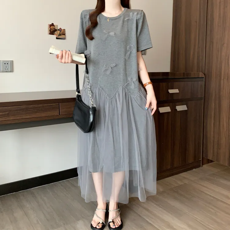 网纱拼接蝴蝶结连衣裙女夏2025新款大码胖mm宽松遮肚短袖T恤裙子