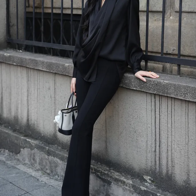 【屿花汀】原创设计师款中高腰弹力显瘦腿精喇叭裤