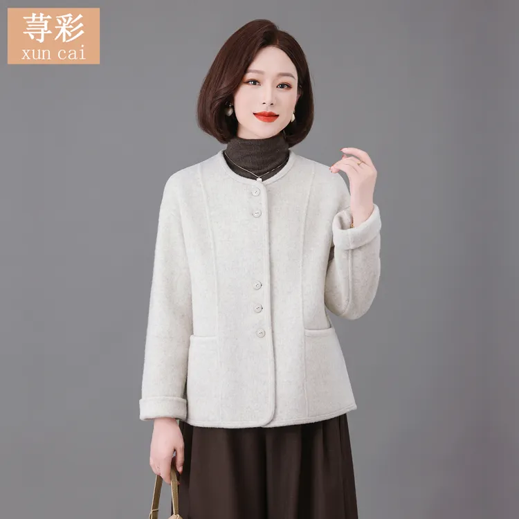 100%纯羊毛妈妈秋冬双面羊毛大衣女短款高端气质小香风毛呢子外套