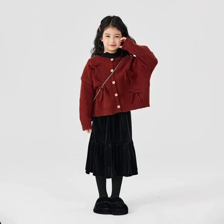 女童毛衣2025新款女童秋冬红色针织开衫中大童洋气新年拜年服套装
