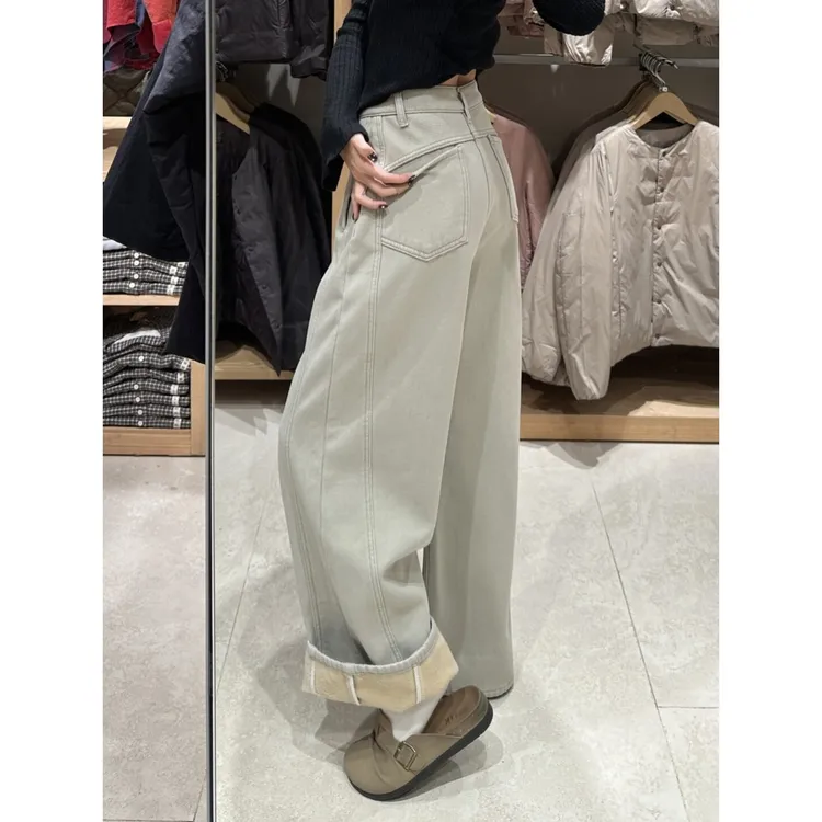 摩卡灰宽松阔腿拖地牛仔裤女秋冬新款加绒加厚小个子拼接弯刀裤