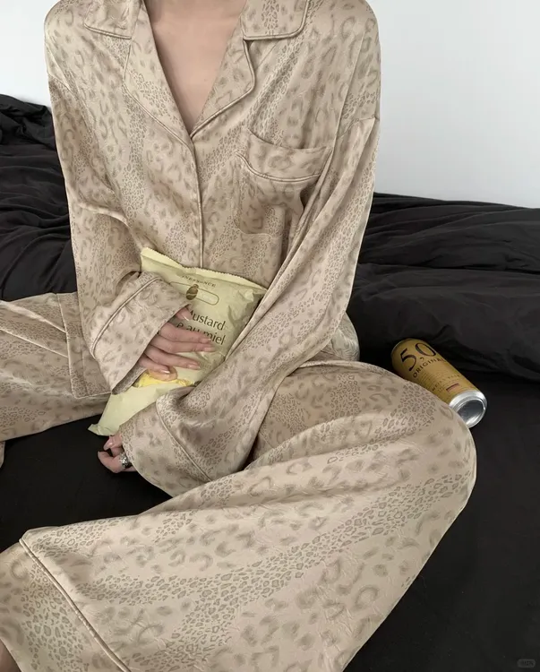 法式高级感轻奢睡衣女优雅休闲豹纹提花简约女长袖长裤套装可外穿
