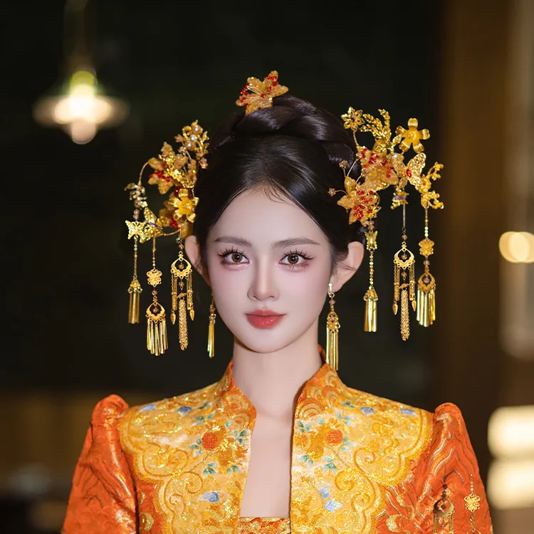合金婚庆饰品 中式新娘奢华结婚头饰金色流苏花朵秀禾服配饰D0638