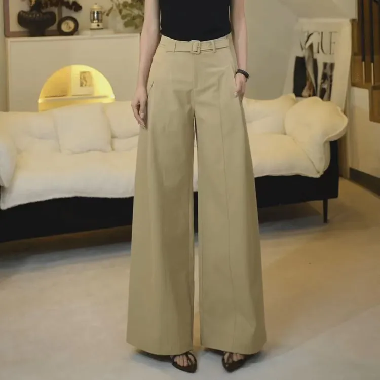 卡其色休闲裤女2025秋季新款梨型身材高腰宽松压褶设计直筒阔腿裤