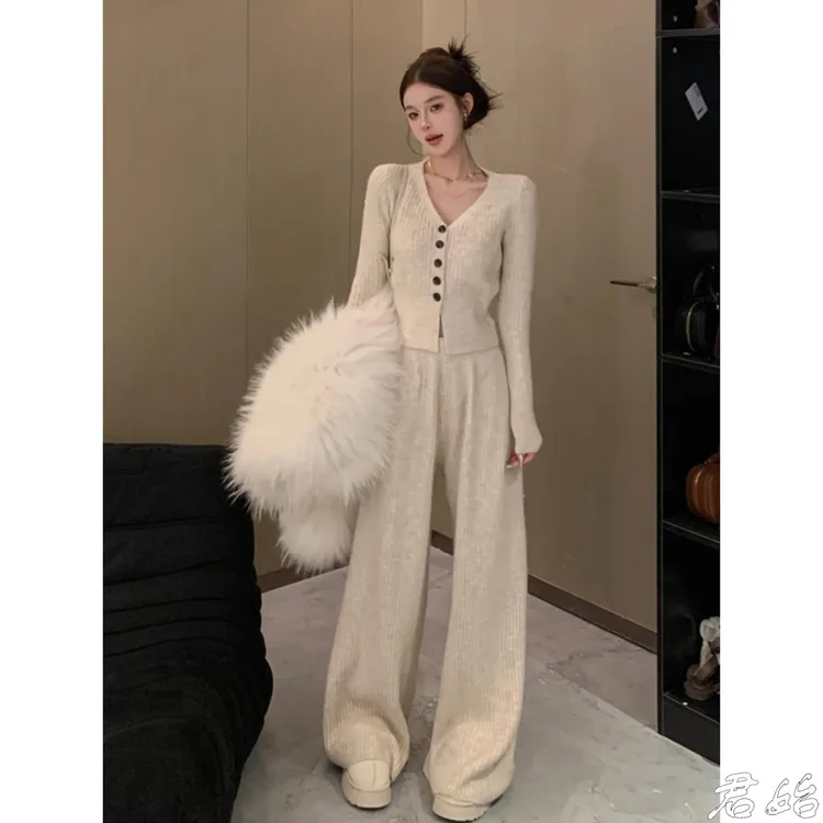 女秋冬灰色套装针织开衫毛衣高腰直筒裤休闲两件套装潮流休闲服