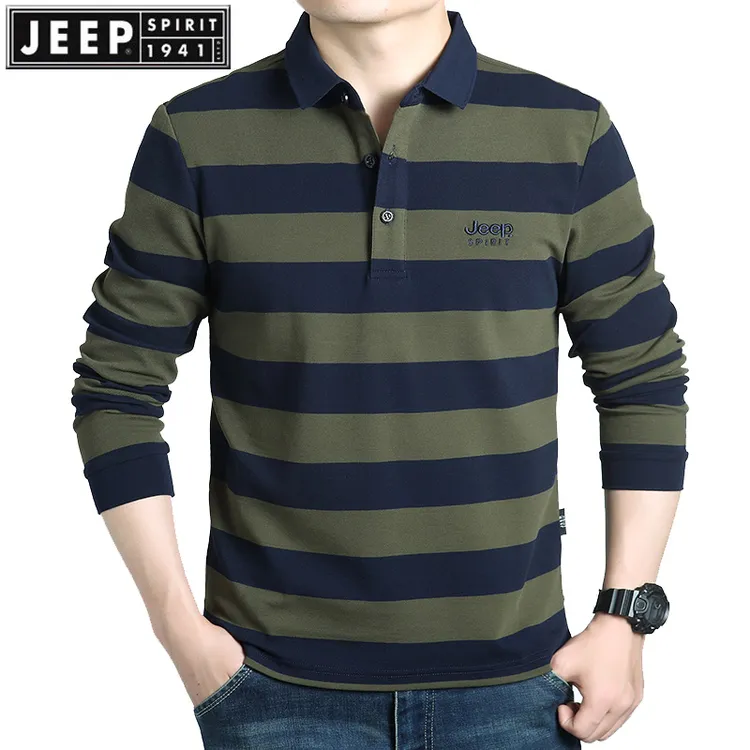 JEEPSPIRIT男士秋季宽松休闲翻领条纹POLO衫大码纯棉上衣打底衫
