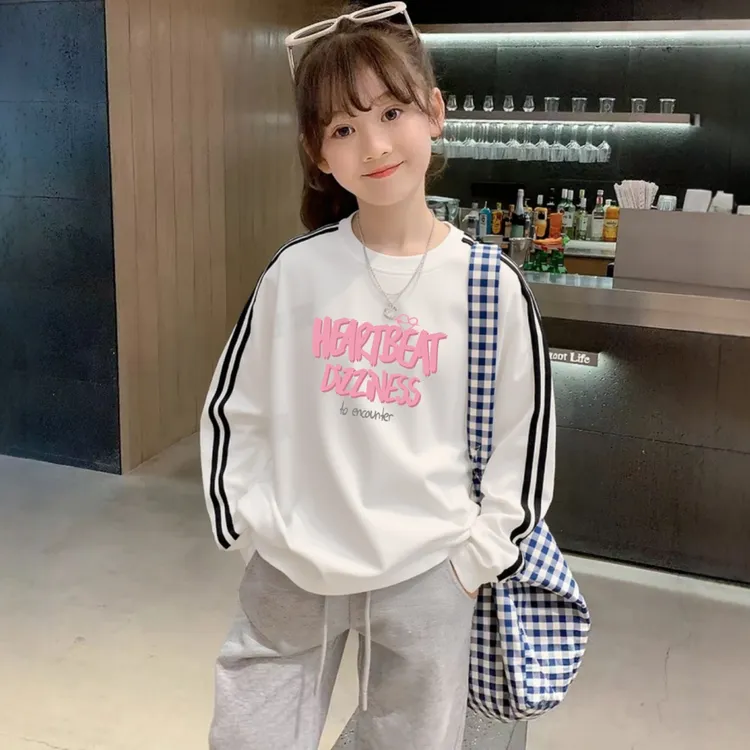 2025秋季纯棉T恤三条杠打底女童春秋儿童卡通上衣女大童洋气长袖T