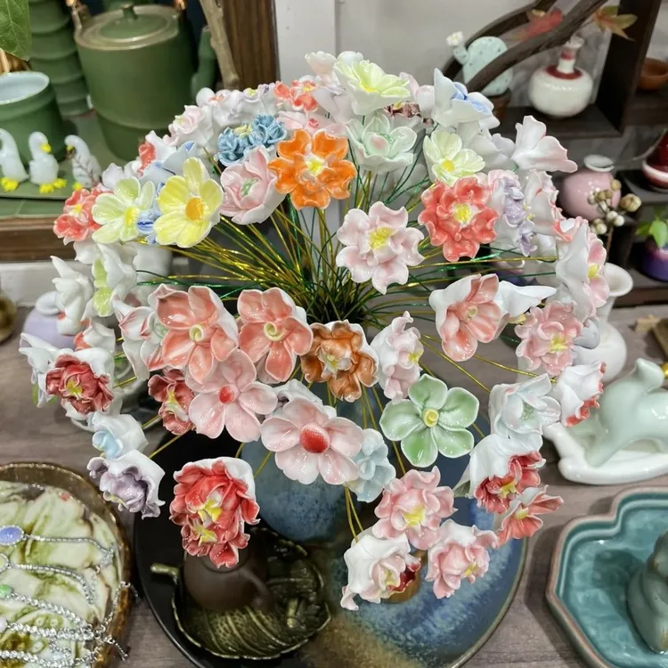 高温手工陶瓷仿真花永生花花束房间客厅装饰摆件
