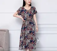 K071夏中老年女装短袖棉绸妈妈装裙子中年修身大码中长款丝巾