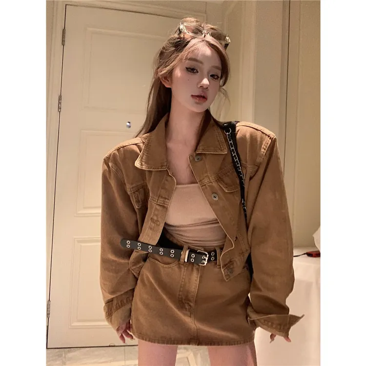 复古做旧polo领长袖夹克外套女秋季牛仔套装辣妹包臀半身裙两件套