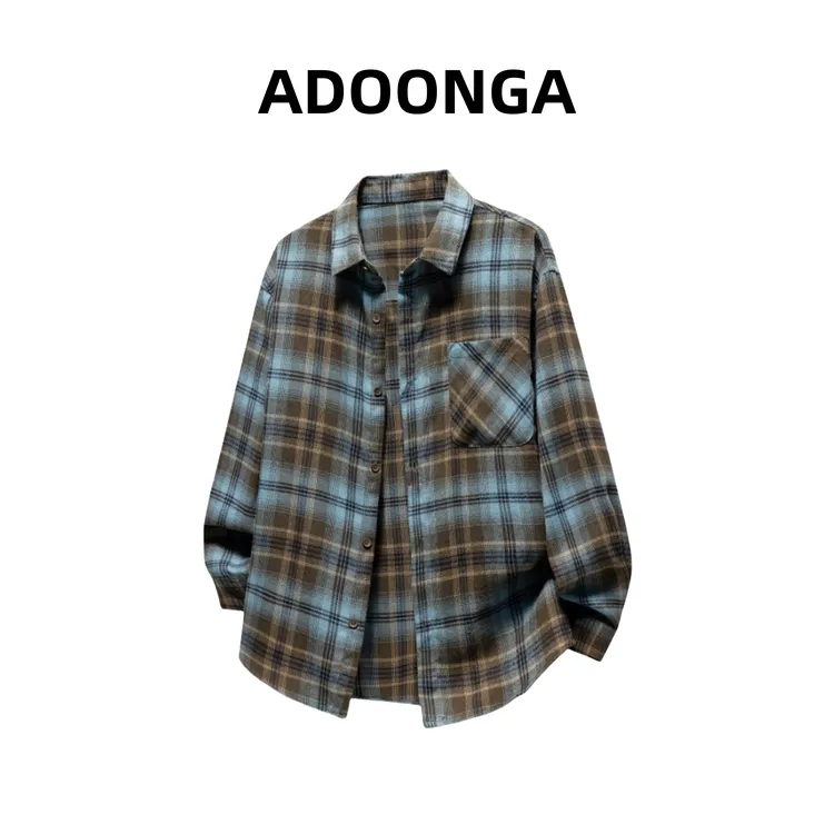 ADOONGA新款复古格子长袖衬衫男春季百搭休闲情侣潮牌翻领衬衣
