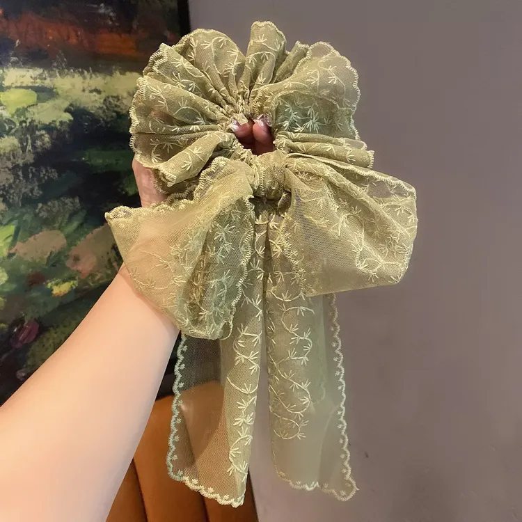 日韩法式勾花蕾丝蝴蝶结飘带肠圈女仙女温柔后脑勺个性扎头绳发饰