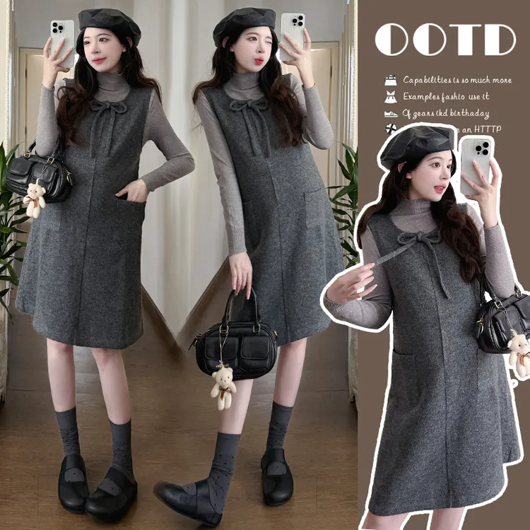 孕妇两件套背带裙2025秋冬蝴蝶结系带针织打底毛衣洋气时尚连衣裙