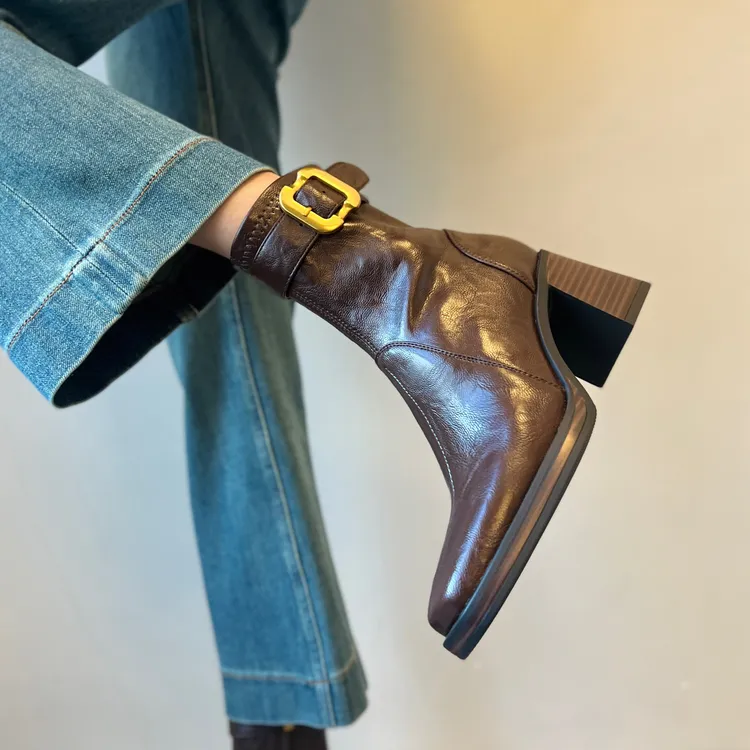 静音底复古方头皮带扣粗跟瘦瘦靴气质通勤百搭短靴女高跟马丁靴子