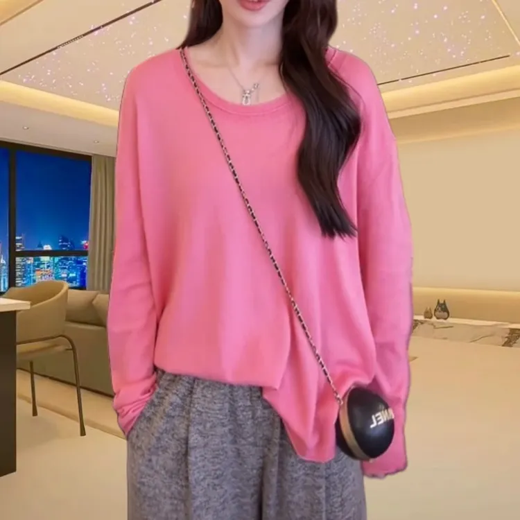 2025春装薄款针织衫长袖T恤女士圆领慵懒风宽松百搭舒适休闲上衣