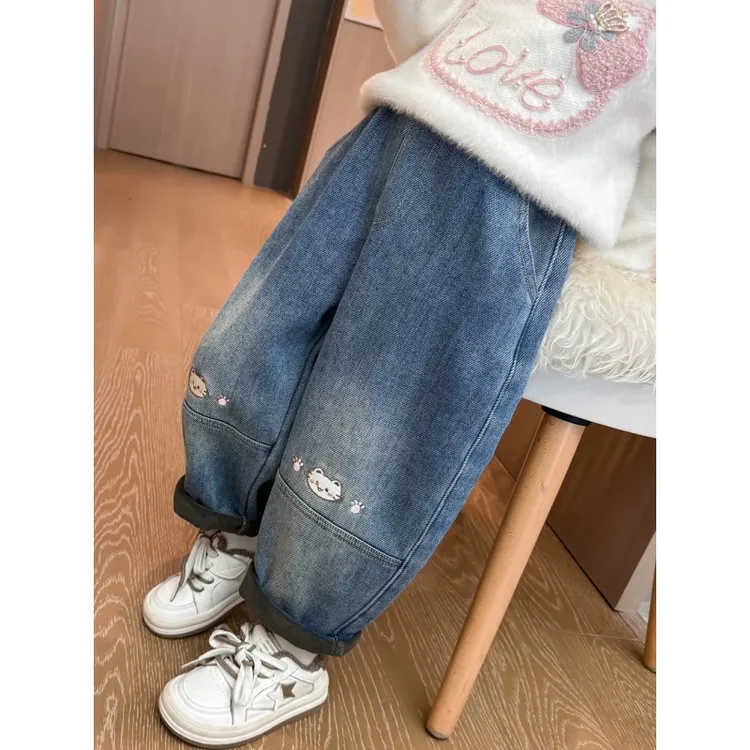 女童加绒牛仔裤秋冬季2025新款儿童卡通休闲裤子宝宝时髦老爹裤潮