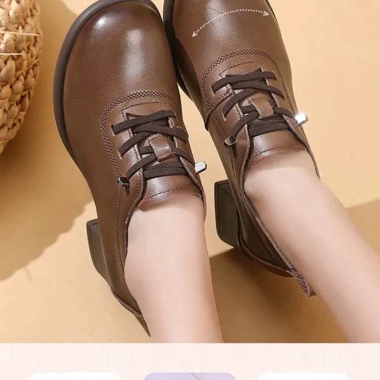 头层牛皮妈妈单鞋休闲圆头春秋简约粗跟舒适真皮软底复古