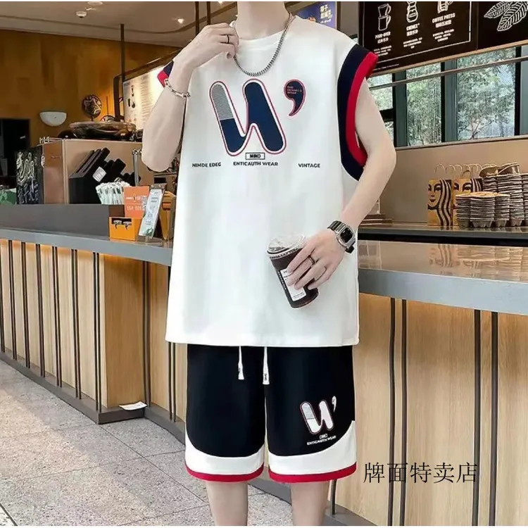 夏季新款男士无袖运动休闲套装港风时尚潮流宽松帅气青少年两件套