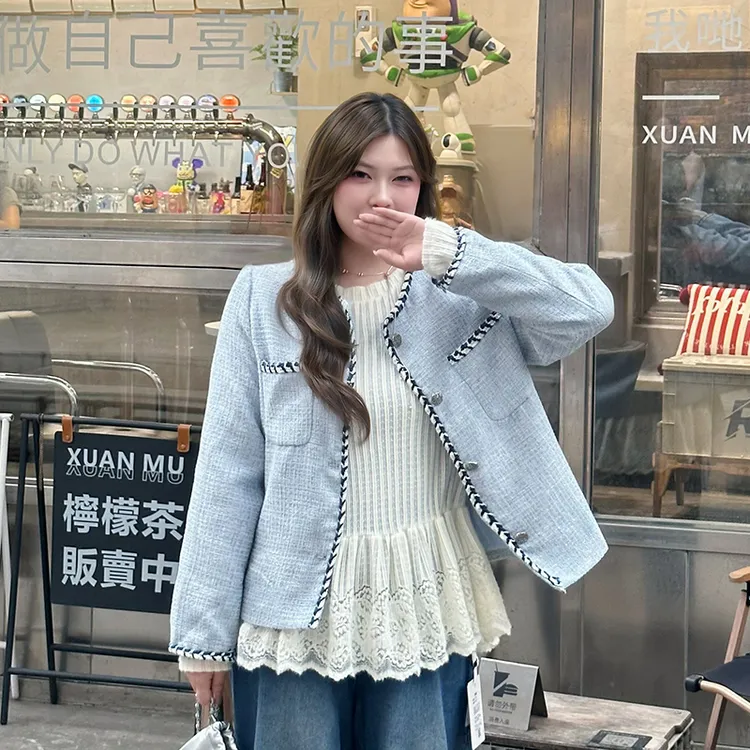 大码气质小香风高级感短外套刺绣蕾丝花边长袖宽松T恤套装5990