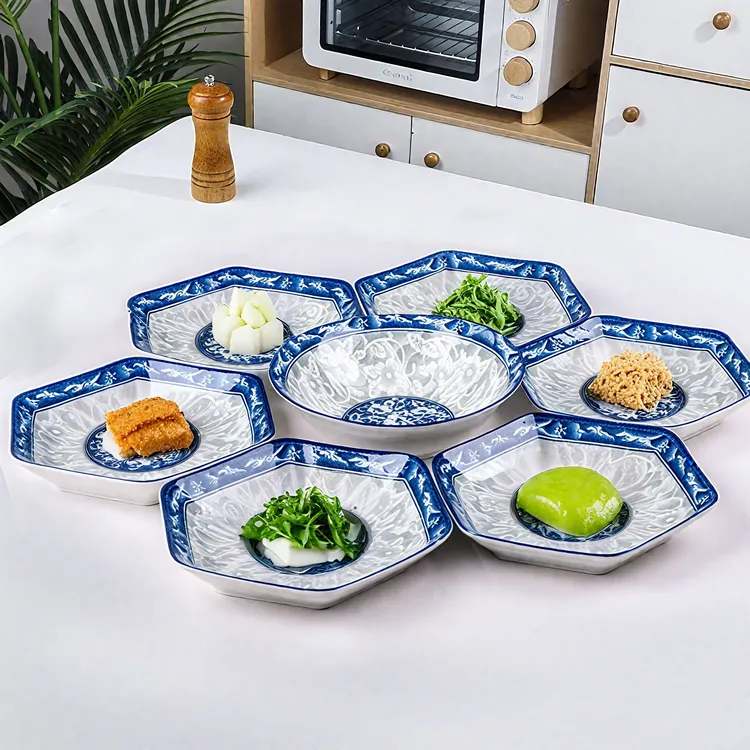 青花瓷六角拼盘套装组合拼盘汤碗复古陶瓷盘餐具中式釉下彩家用