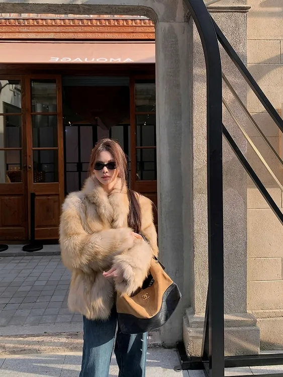 人造皮草 秋冬新款【鎏金小奶狐】双色晕染渐变时尚立领毛毛外套