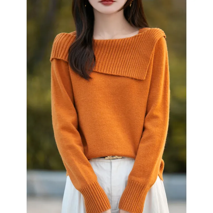 秋冬新款甜美温柔风一字领坑条毛衣女纯色显瘦软糯套头针织衫上衣