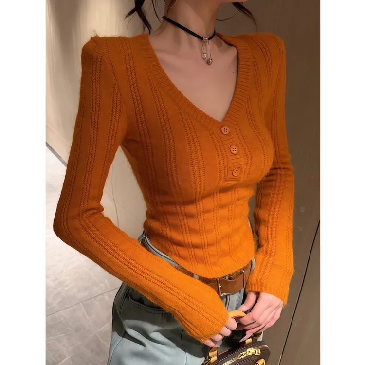 韩系温柔风V领长袖正肩针织衫女秋冬季新款修身显瘦休闲百搭上衣