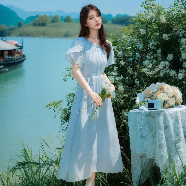 2025夏季新款气质荷叶领长裙女温柔法式桔梗收腰蓝色雪纺连衣裙女