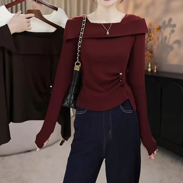 德绒保暖气质一字肩长袖T恤女装秋季微胖显瘦设计感别致修身上衣