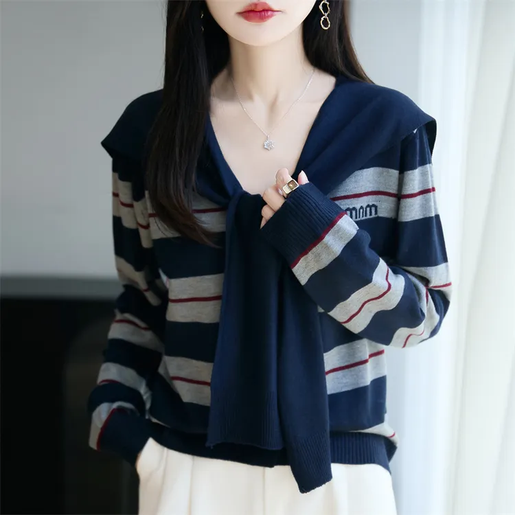 哥弟阿玛施正品秋季女装精纺羊毛条纹时尚开衫宽松长袖披肩上衣女