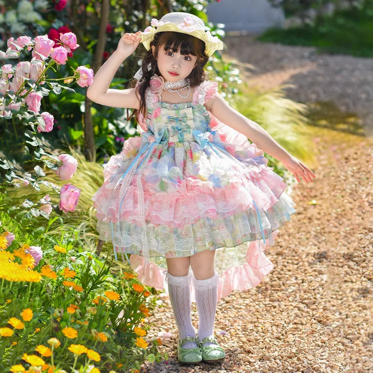 女童夏季洛丽塔甜美风紫霞仙子蓬蓬吊带连衣裙生日礼服花仙子碎花
