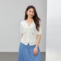 【海盐味的夏天】纤莉秀E大码女装清新绣花V领休闲显瘦针织衫QK1208