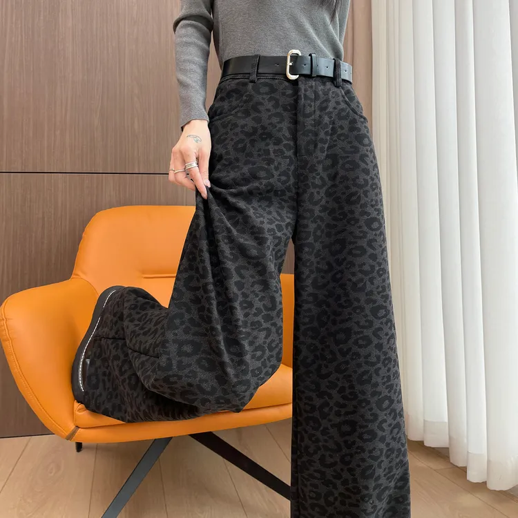 加绒毛呢阔腿裤女2025秋冬豹纹加厚窄版显瘦直筒裤休闲百搭拖地裤