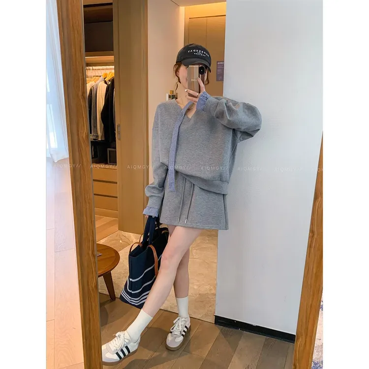 卫衣套装裙女2025年春季新款拼接假两件长袖上衣半身裙短裙两件套