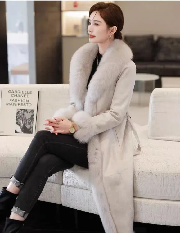 【双面穿】狐狸毛领皮草修身保暖气质长款兔皮毛一体皇冠级皮草外套