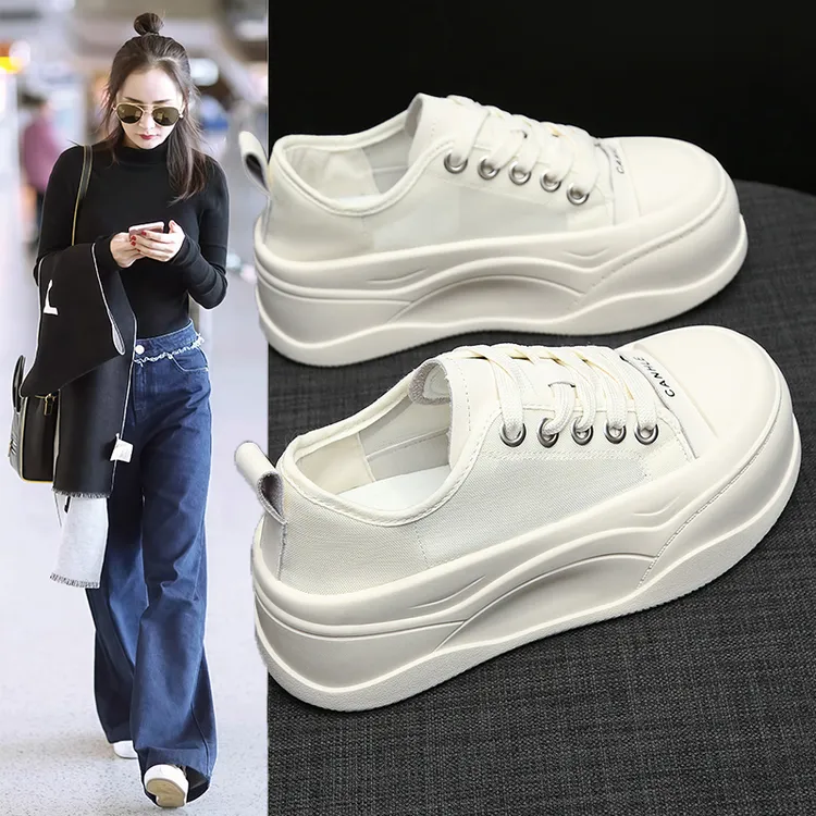 6cm厚底小白鞋女透气冰丝帆布休闲板鞋夏季增高女鞋休闲运动鞋子